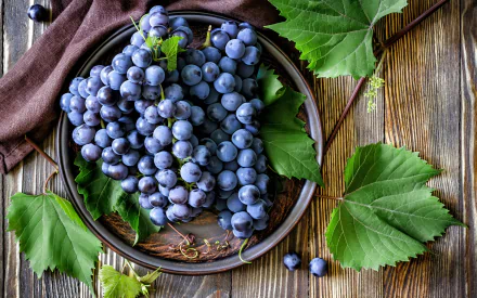 HD desktop wallpaper featuring a close-up of fresh, ripe purple grapes on a plate surrounded by green grape leaves on a rustic wooden surface.