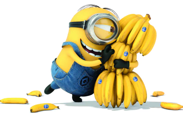 HD wallpaper of a Minion from Despicable Me 2 hugging a large bunch of bananas, smiling happily, with loose bananas around it.