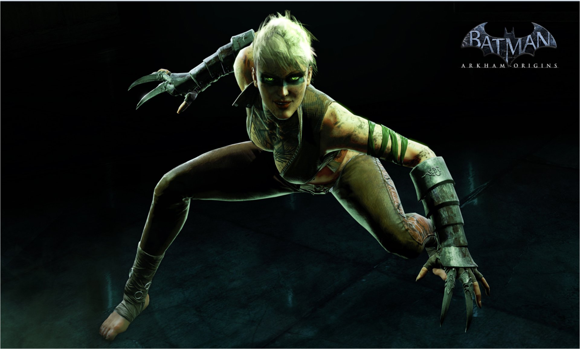 HD PC desktop wallpaper featuring a fierce character from the video game Batman: Arkham Origins poised in a dynamic, crouching stance against a dark background.