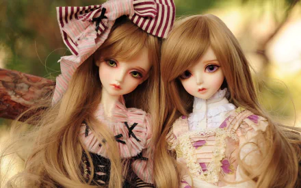 A captivating HD wallpaper featuring two intricately designed dolls with long, flowing hair, showcasing their delicate features and stylish outfits in a serene outdoor setting.
