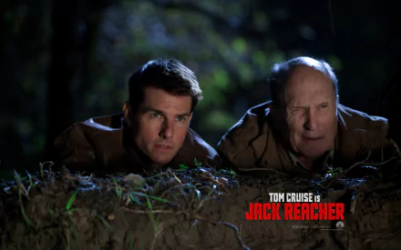 HD desktop wallpaper featuring Tom Cruise and Robert Duvall in a scene from the movie Jack Reacher, set outdoors at night.