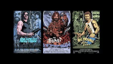 HD PC desktop wallpaper featuring a movie collage with posters of Escape from New York, The Thing, and Big Trouble in Little China.