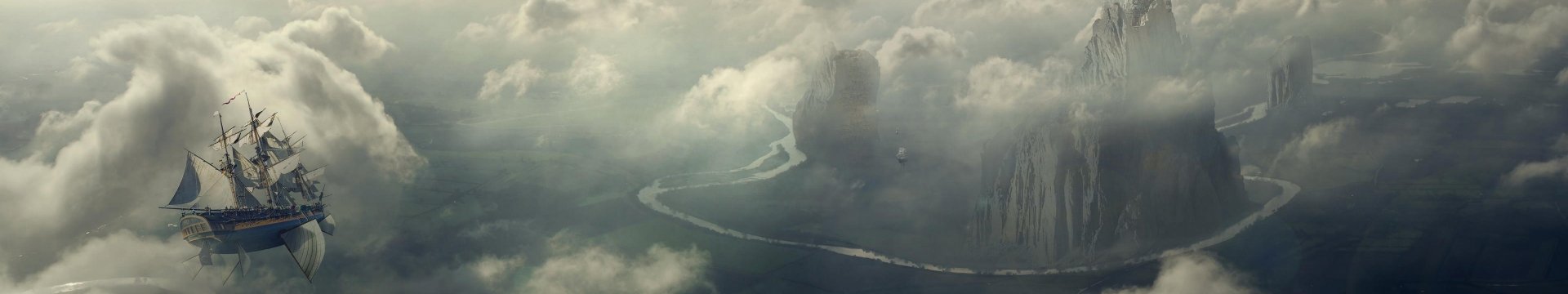 Fantasy-themed artistic HD PC desktop wallpaper depicting a mysterious, foggy landscape with winding rivers and towering, shadowy structures emerging from the clouds.