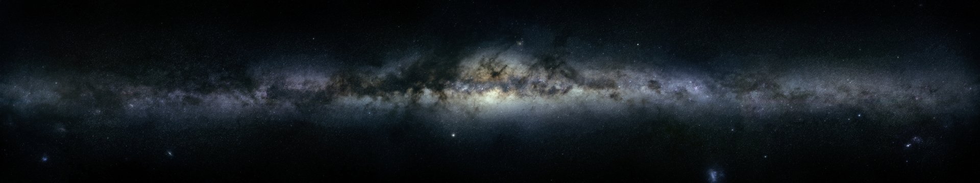 Sci-fi HD PC desktop wallpaper background featuring a panoramic galaxy band with glowing nebulae, star clouds and distant stars stretching across a dark cosmic expanse.