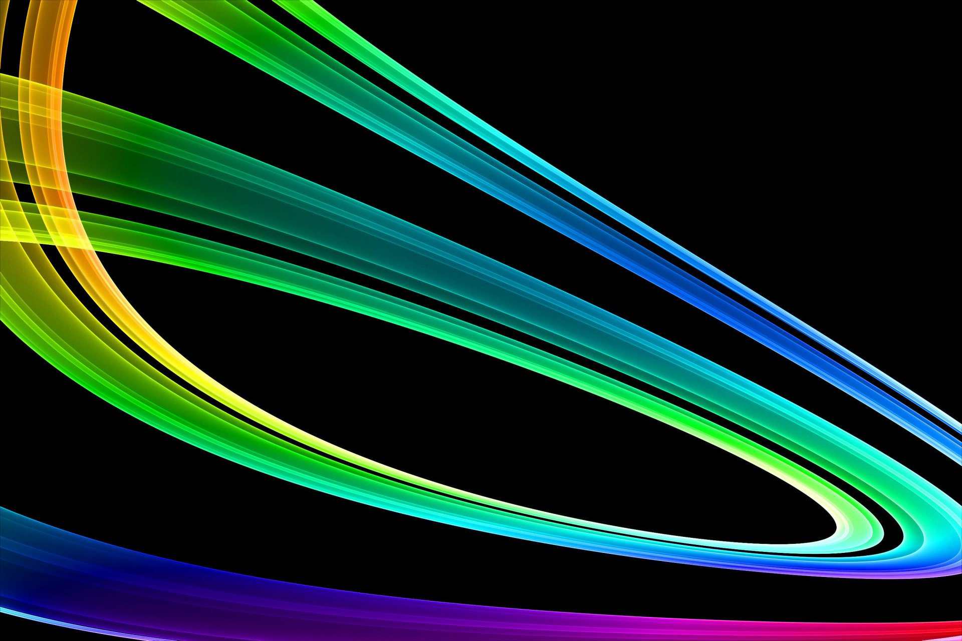 Abstract colorful light trails in green, blue, yellow, and purple swirl against a black background, presented as an HD PC desktop wallpaper and background.