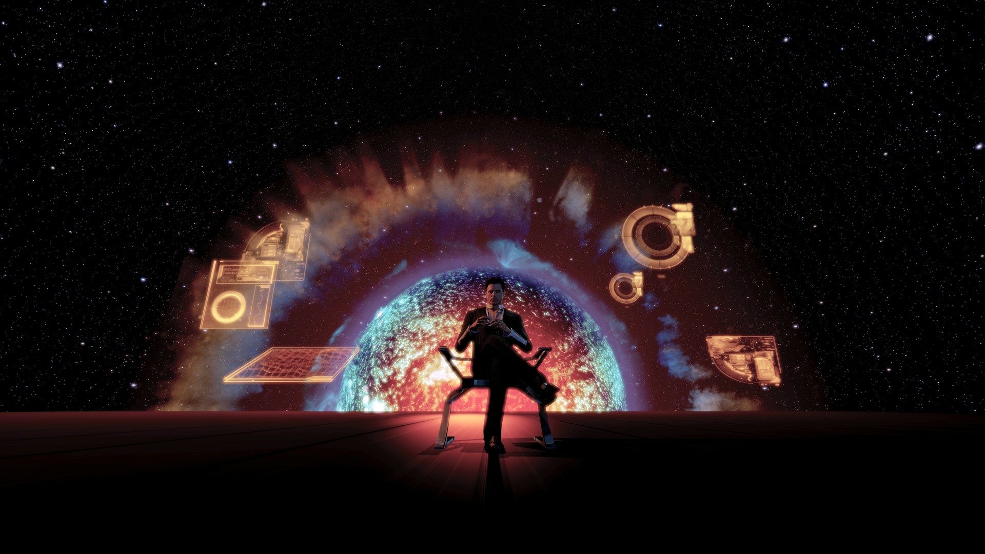 A vibrant HD desktop wallpaper featuring a character from the video game Mass Effect, standing against a cosmic backdrop with glowing elements and a celestial sphere.