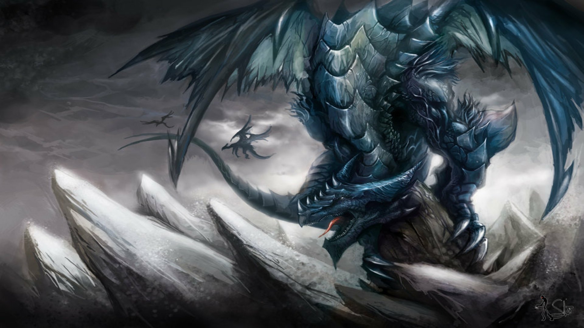 A striking fantasy dragon towers over jagged ice formations, showcasing intricate scales and powerful wings. This HD image serves as an engaging desktop wallpaper.