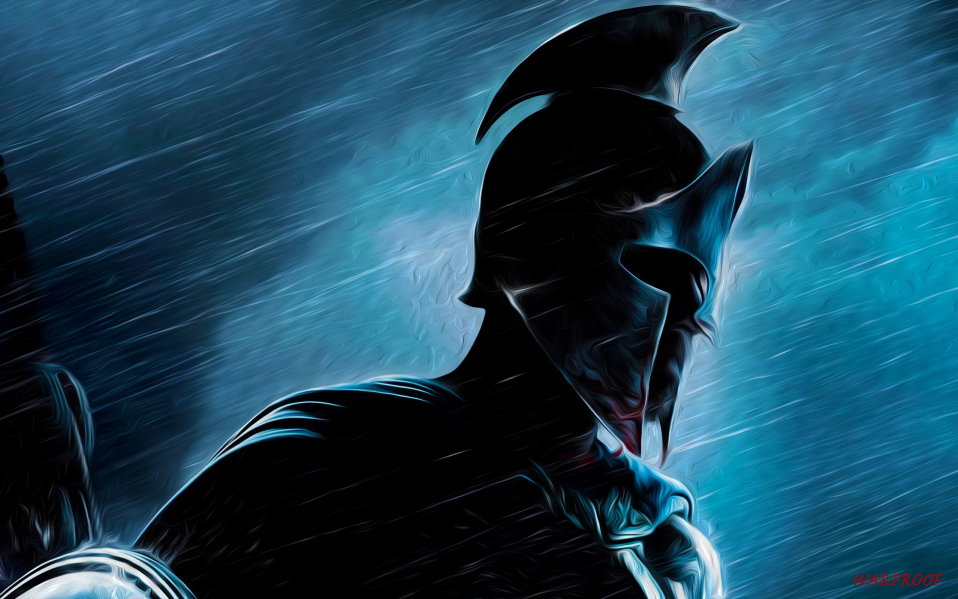 HD desktop wallpaper featuring a dramatic, shadowed Spartan warrior from the movie 300: Rise of an Empire, set against a stormy blue background.
