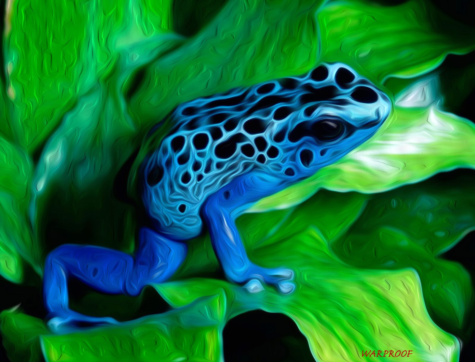 Oil painting-style HD desktop wallpaper featuring a vibrant blue poison dart frog resting on lush green leaves.