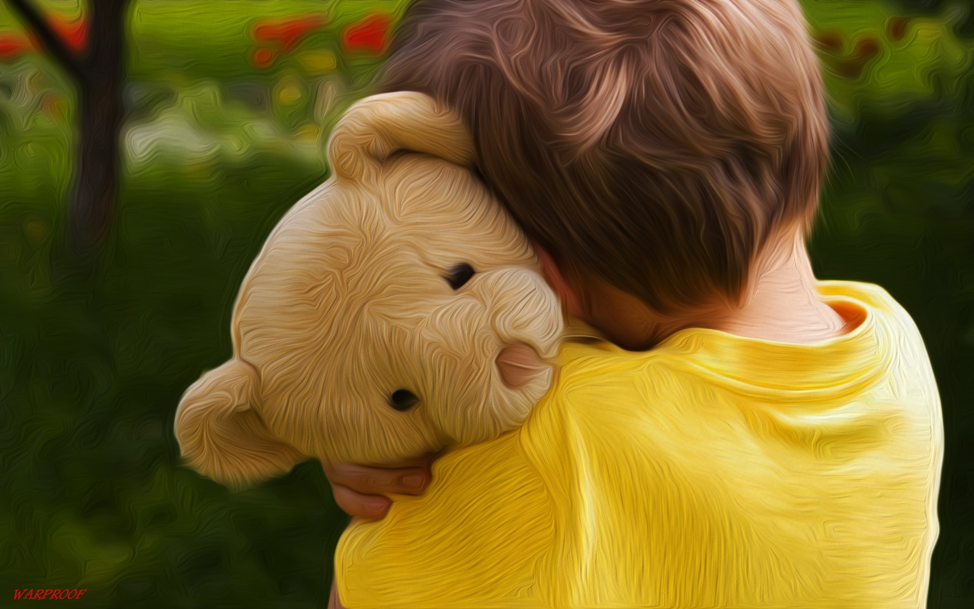 HD desktop wallpaper of a child in a yellow shirt hugging a man-made stuffed bear outdoors with greenery in the background.