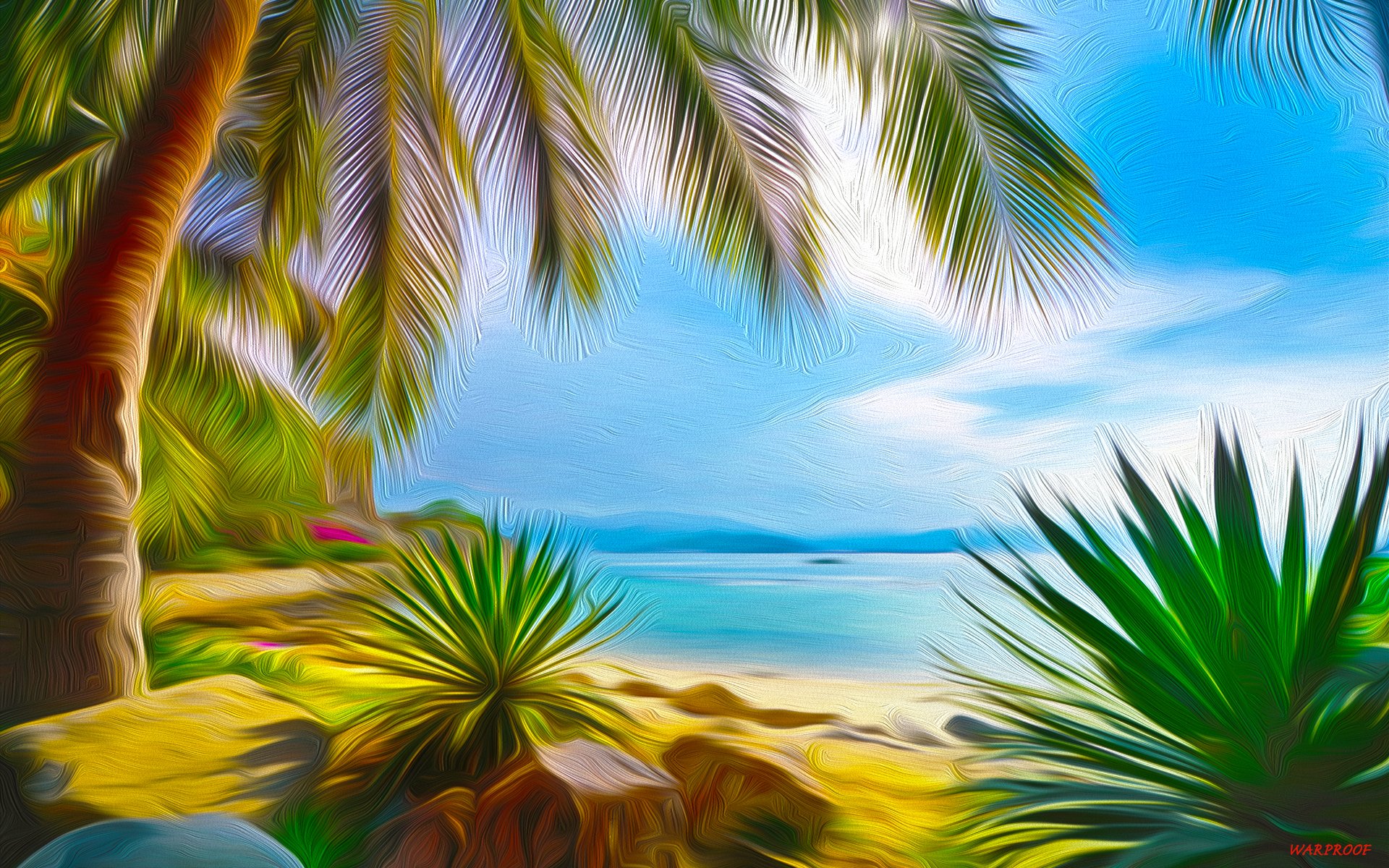 Artistic HD PC desktop wallpaper featuring a vibrant beach scene with palm trees, tropical plants, and a bright blue sky.