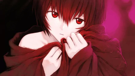 HD anime desktop wallpaper featuring Rei Ayanami from Neon Genesis Evangelion, with intense red eyes and a red garment against a dark background.