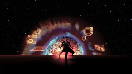 A vibrant HD desktop wallpaper featuring a character from the video game Mass Effect, standing against a cosmic backdrop with glowing elements and a celestial sphere.