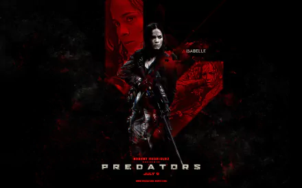 HD PC desktop wallpaper featuring a dark, intense design from the movie Predators, showcasing a central warrior figure with red and black tones.