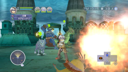 HD desktop wallpaper from Rune Factory: Tides of Destiny featuring gameplay with a character and creatures amidst a magical attack.