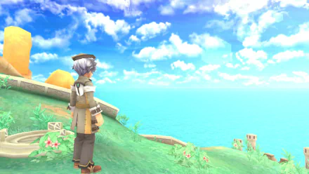 HD desktop wallpaper from Rune Factory: Tides of Destiny, featuring a character overlooking a vibrant ocean scene.