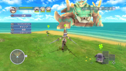 HD desktop wallpaper from Rune Factory: Tides of Destiny featuring a character in combat with a giant creature on a beach.