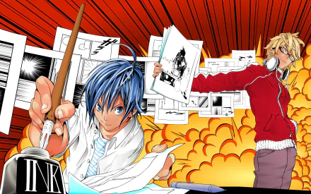 A vibrant HD anime wallpaper featuring Akito Takagi and Moritaka Mashiro from Bakuman, showcasing their passion for manga creation with dynamic colors and artistic elements.