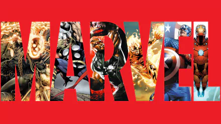 A vibrant HD wallpaper featuring iconic Marvel Comics characters like Iron Man, Captain America, Human Torch, Thor, and Ghost Rider, showcased against a bold red background.