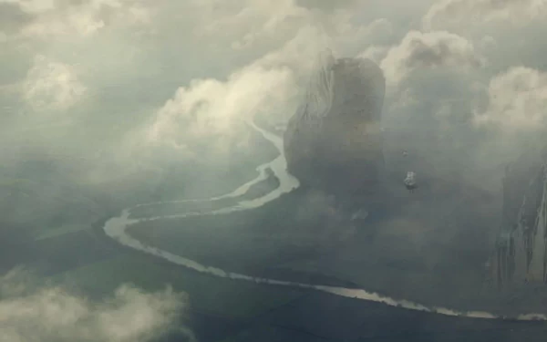 Fantasy-themed artistic HD PC desktop wallpaper depicting a mysterious, foggy landscape with winding rivers and towering, shadowy structures emerging from the clouds.