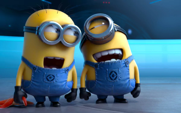 HD desktop wallpaper featuring two Minions from Despicable Me 2, with one laughing and the other smiling, set against a sleek blue background.