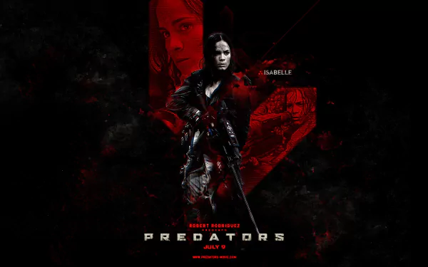 HD PC desktop wallpaper featuring a dark, intense design from the movie Predators, showcasing a central warrior figure with red and black tones.