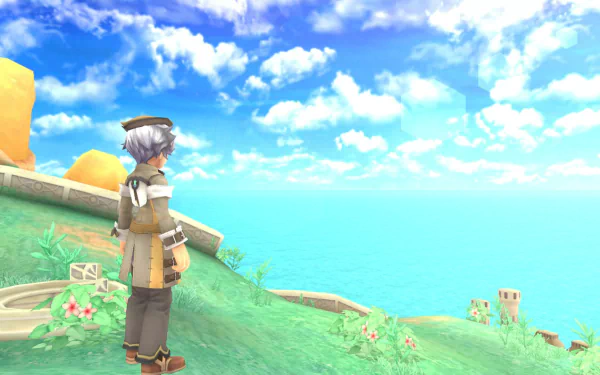 HD desktop wallpaper from Rune Factory: Tides of Destiny, featuring a character overlooking a vibrant ocean scene.
