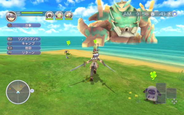 HD desktop wallpaper from Rune Factory: Tides of Destiny featuring a character in combat with a giant creature on a beach.