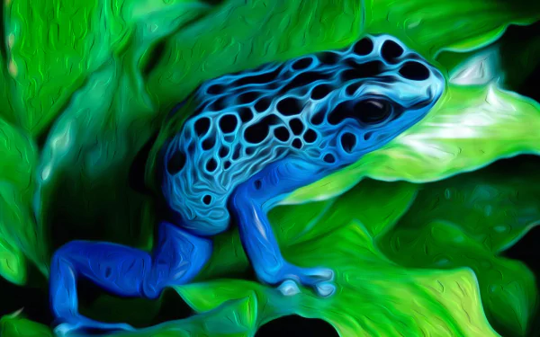 Oil painting-style HD desktop wallpaper featuring a vibrant blue poison dart frog resting on lush green leaves.