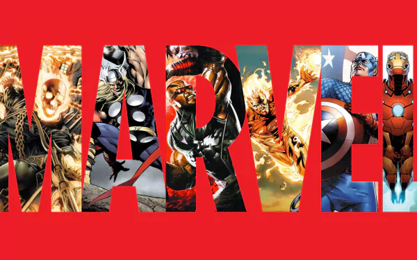 A vibrant HD wallpaper featuring iconic Marvel Comics characters like Iron Man, Captain America, Human Torch, Thor, and Ghost Rider, showcased against a bold red background.