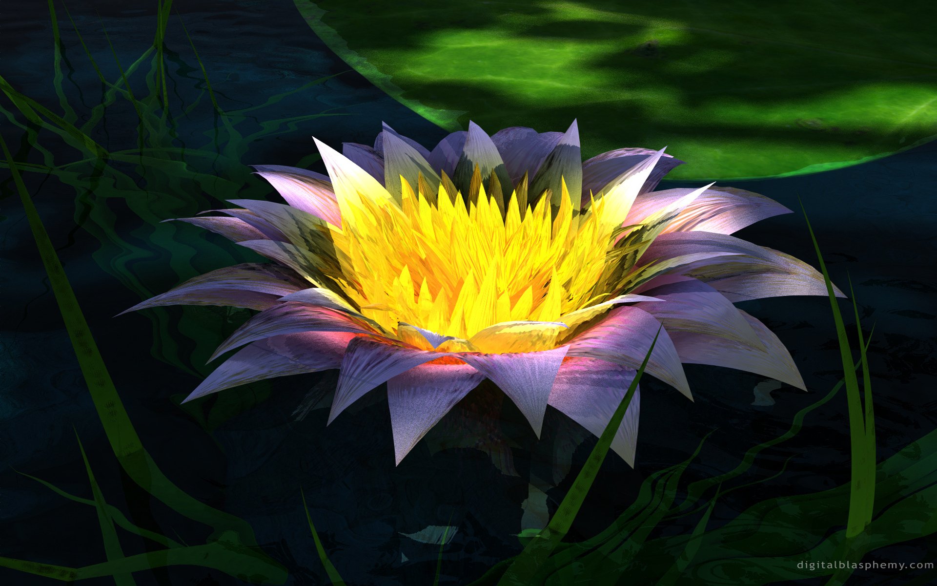 HD PC desktop wallpaper: nature lotus with luminous yellow center and pale purple petals floating on dark water, framed by green lily pads.