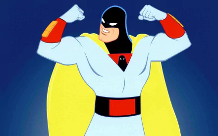 Space Ghost from the TV show Space Ghost Coast to Coast flexes his arms in a yellow cape against a blue gradient — HD PC desktop wallpaper/background.
