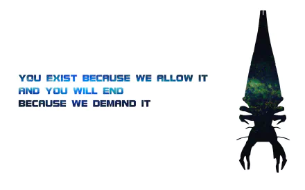 HD PC desktop wallpaper from the video game Mass Effect featuring a Reaper silhouette with the quote, You exist because we allow it and you will end because we demand it.