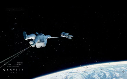 A dramatic HD desktop wallpaper from the movie Gravity (2013), featuring astronauts in space with Earth visible in the background, capturing the tension and beauty of outer space.