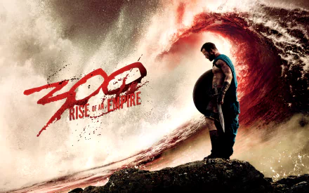 HD PC desktop wallpaper featuring a warrior from the movie 300: Rise of an Empire standing against a stormy, fiery wave backdrop.