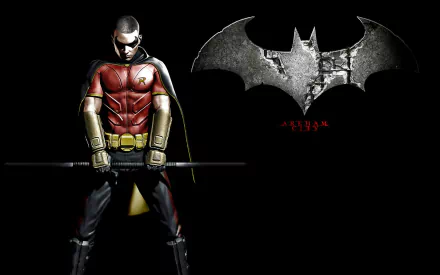 HD PC desktop wallpaper: Tim Drake as Robin (DC Comics) from the video game Batman: Arkham City stands with his staff against a black backdrop and a cracked Bat emblem.