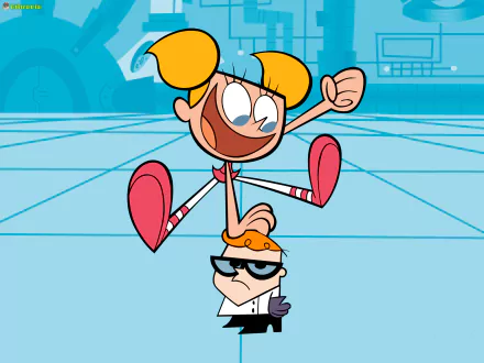 HD PC desktop wallpaper of Dee Dee and Dexter from the TV show Dexter's Laboratory, showcasing their playful and dynamic characters in a bright, animated style.