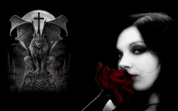A dark gothic scene featuring a mysterious woman holding a red rose, paired with a haunting figure of a gargoyle against a moonlit backdrop, creating an intriguing HD desktop wallpaper.