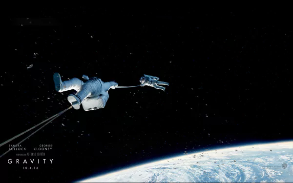 A dramatic HD desktop wallpaper from the movie Gravity (2013), featuring astronauts in space with Earth visible in the background, capturing the tension and beauty of outer space.
