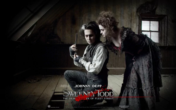 A dramatic HD wallpaper featuring characters from Sweeney Todd: The Demon Barber of Fleet Street in Concert, showcasing Johnny Depp in a dark, atmospheric setting.