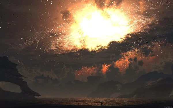 HD sci-fi desktop wallpaper featuring a vivid supernova bursting brightly in a dark cosmic sky above distant rocky terrain and water.