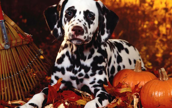 HD PC desktop wallpaper featuring a Dalmatian puppy lying among autumn leaves and pumpkins with a rake in the background.