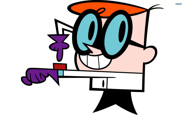HD wallpaper of Dexter from Dexter's Laboratory cartoon, smiling and holding up his purple-gloved finger.