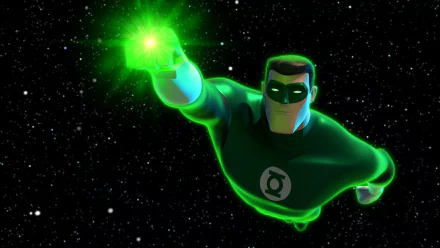 Hal Jordan (Green Lantern) from Green Lantern: The Animated Series flies through a starfield, fist glowing with his green power ring - 5K Ultra HD TV show desktop wallpaper.