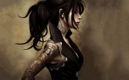 A captivating fantasy-themed tattoo artwork featuring a woman with intricate tattoos, presented as an HD desktop wallpaper and background.