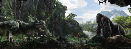 A stunning HD wallpaper from the 2005 movie King Kong, depicting the iconic giant gorilla in a lush jungle landscape, confronted by a massive dinosaur.