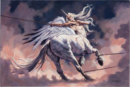 HD fantasy PC desktop wallpaper featuring a majestic centaur with long flowing hair and wings, balancing on a tightrope against a dramatic cloudy sky background.