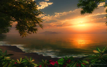 HD desktop wallpaper featuring a fantasy landscape with a radiant sunset over the ocean, framed by lush foliage and a serene beach.