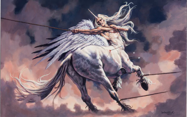 HD fantasy PC desktop wallpaper featuring a majestic centaur with long flowing hair and wings, balancing on a tightrope against a dramatic cloudy sky background.