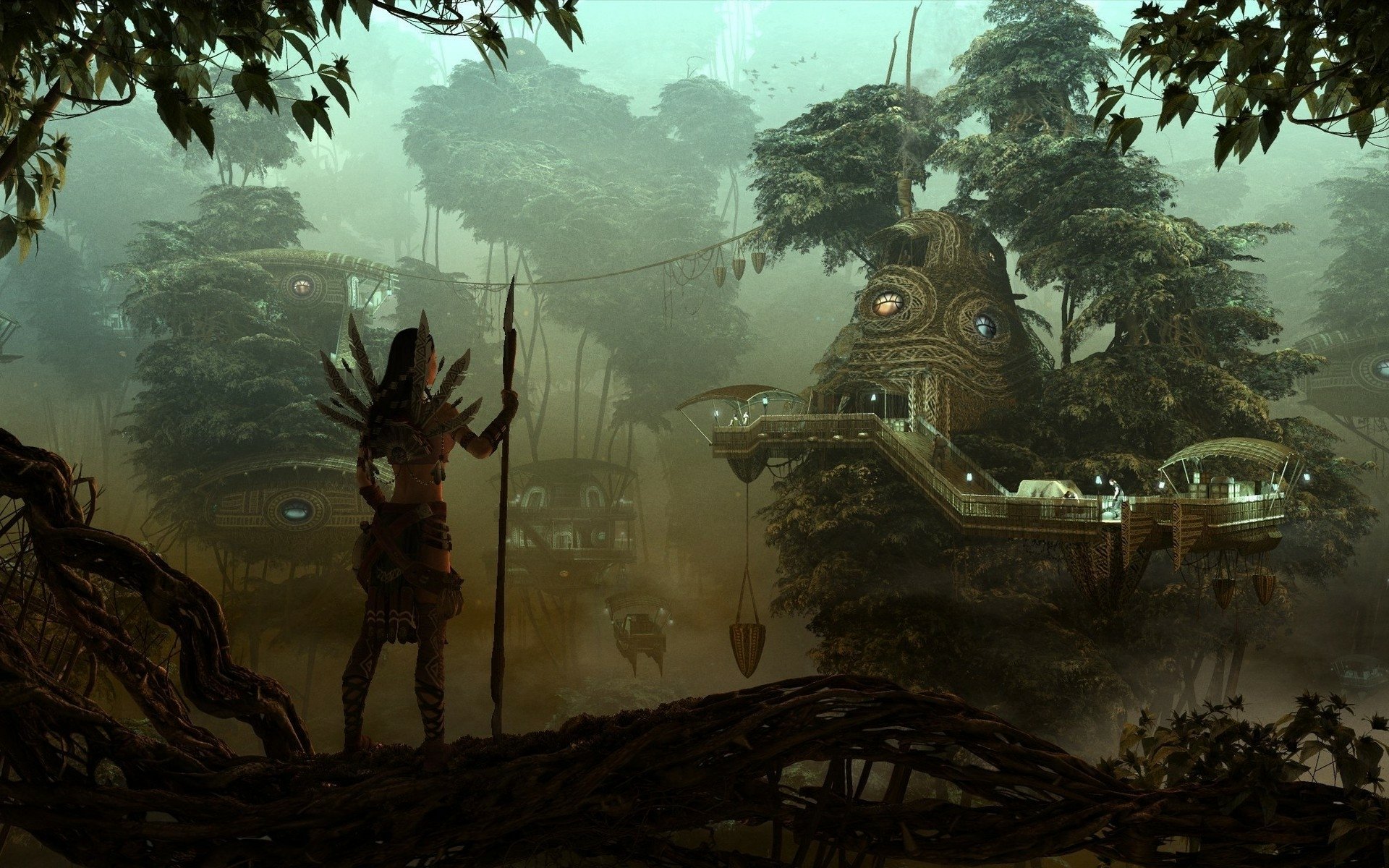 A fantasy woman warrior stands with a spear, gazing at a mystical village nestled among towering trees, set in an enchanting, atmospheric landscape. HD PC desktop wallpaper.